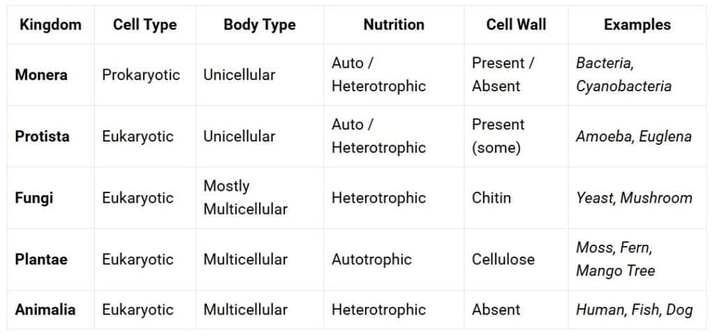 summary table of five kingdom